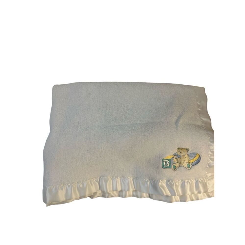 Carters baby infant blanket white silky trim 36x50 USA vintage 100 cotton blocks